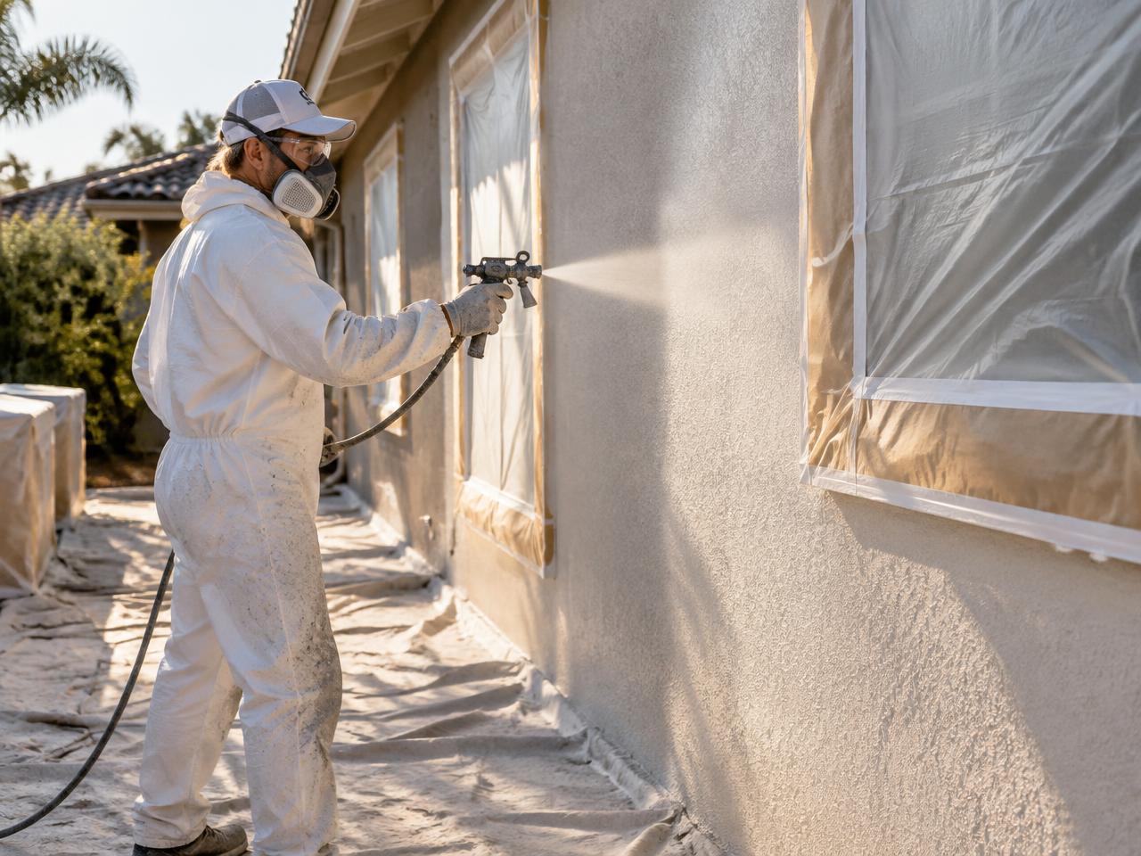 Illustrative photo: a painter in protective gear spraying paint onto an exterior stucco wall with an airless sprayer