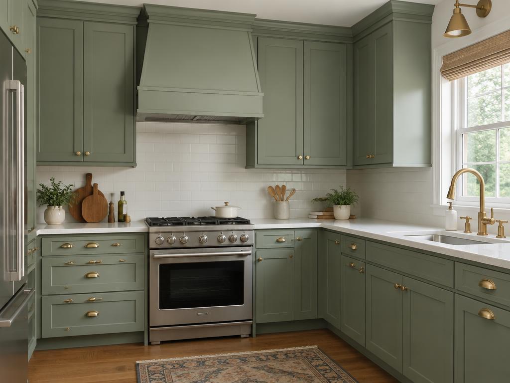 Kitchen with sage green painted cabinets and brass hardware