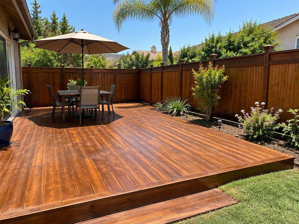Freshly stained wooden deck and fence in a sunny backyard