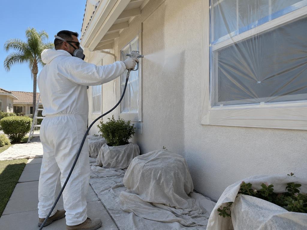 Painter in protective gear using an airless sprayer on exterior stucco, windows and plants covered
