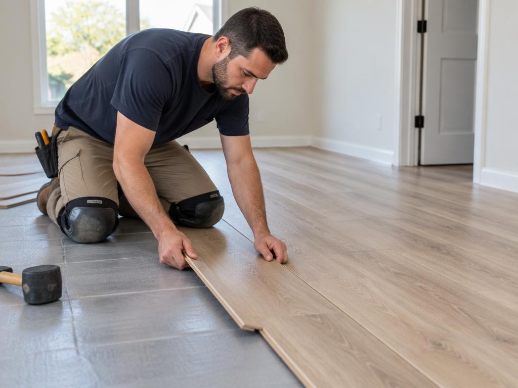 Installer kneeling and fitting a plank of vinyl plank flooring in a bright room